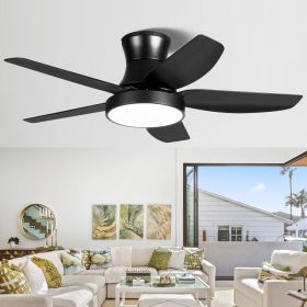 46 Inch Black Flush Mount Ceiling Fan with Light and Remote Control, Low Profile Ceiling Fan with 5 blades, 3 Light Color, 6 Speeds for Living Room