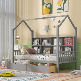 Wooden Twin Size House Bed with 2 Drawers,Kids Bed with Storage Shelf (Color: Gray)