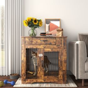 Furniture Style Dog Crate End Table with Drawer, Pet Kennels with Double Doors, Dog House Indoor Use. Rustic Brown, 29.92'' W x 24.8'' D x 30.71'' H. (Color: Rustic Brown + Particle Board)